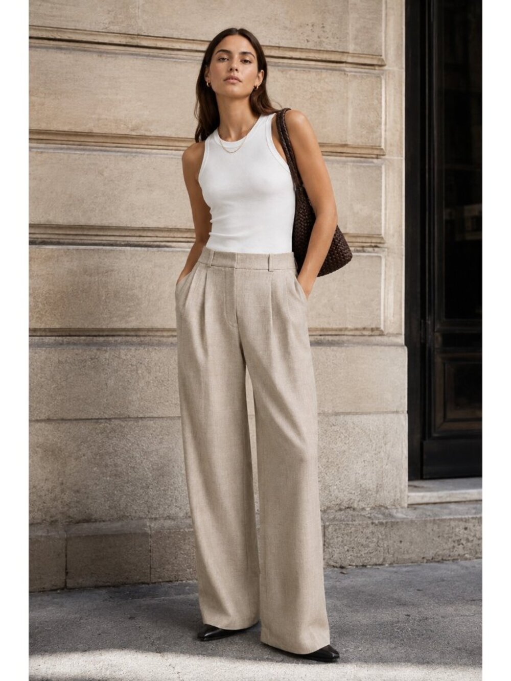 Babaton Atelier Beige Taupe Pleated Wide Leg Trousers Pants Size 00